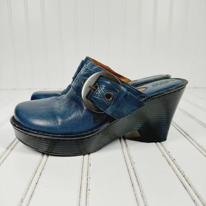 Born Blue Leather Comfort Buckle Strap Slip On Wedge Clogs F16
